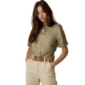 Vintage Tan Silk Structured Short Sleeve Blazer Jacket Womens 6